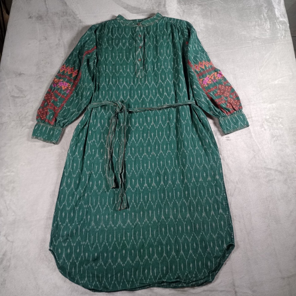 Megan Park Ikat Embroidered Midi Dress Womens 3 Green Cotton Boho Artisan Folk